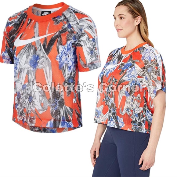 Nike Red & Blue Tropical Print Perforated Boxy Cropped Short Sleeve Tee Shirt - Picture 3 of 8